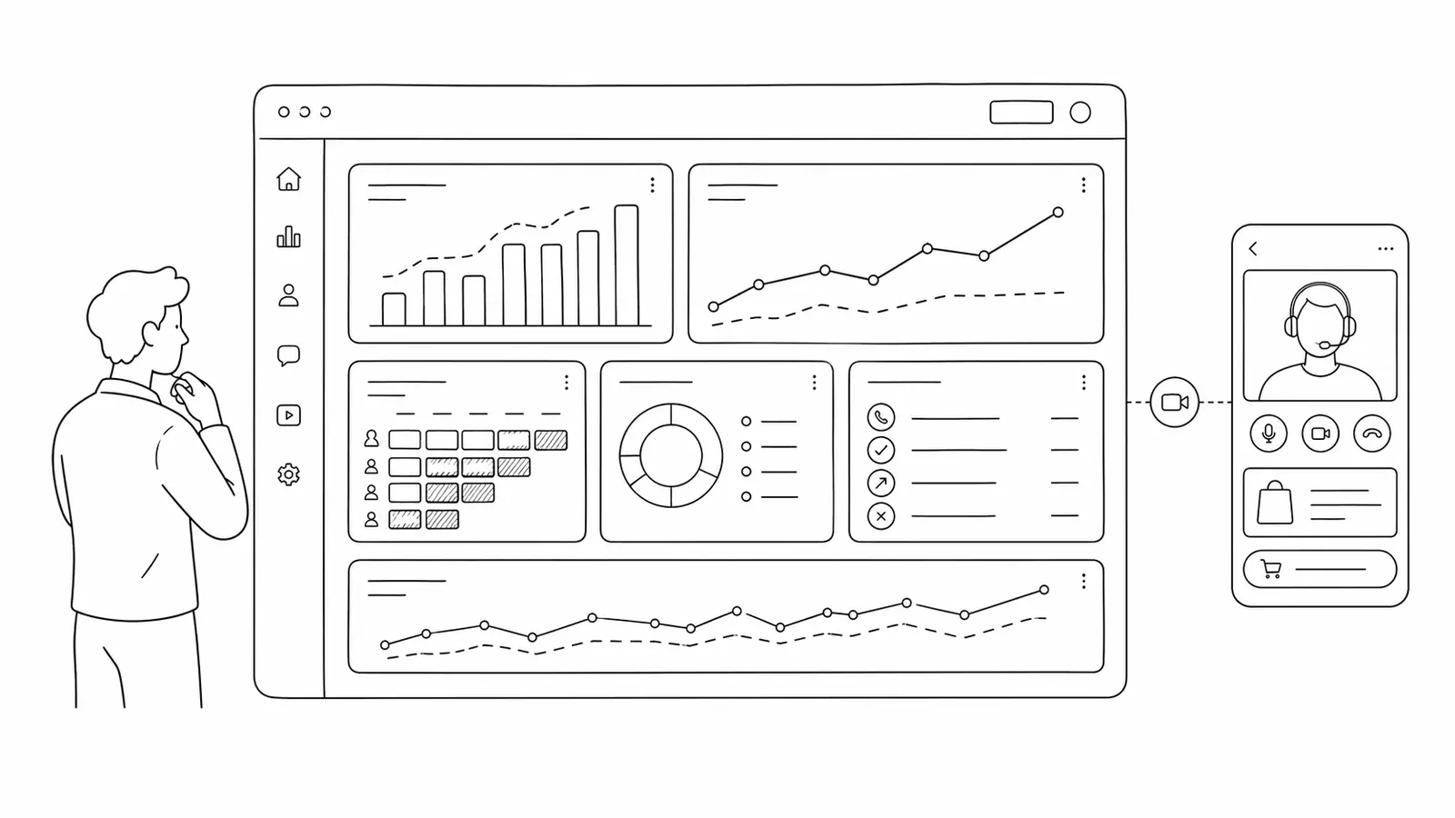 Hand-drawn black-and-white LiveCart analytics sketch showing revenue, advisor utilization, cohort lift, and mobile call metrics